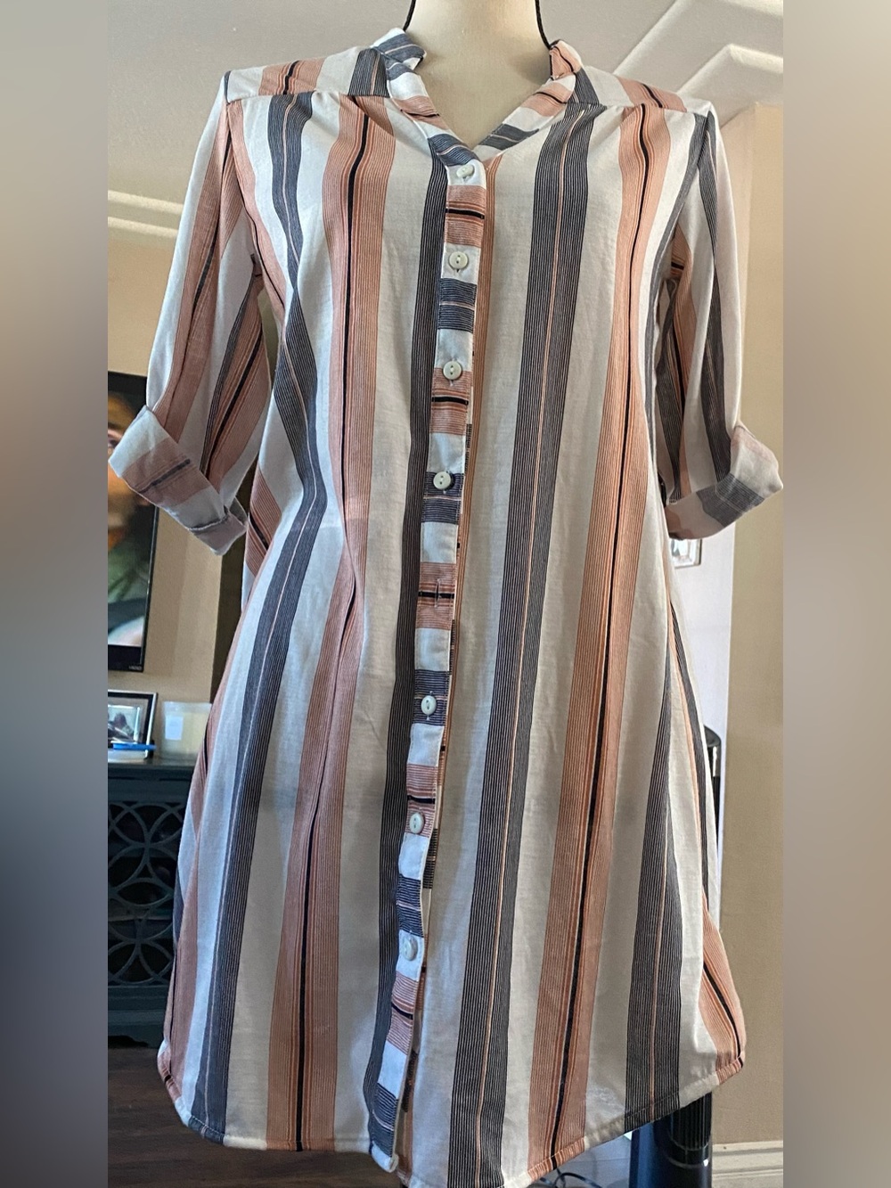 Passport Women’s Striped Button-Down Shirt Dress in Peach, Gray & White